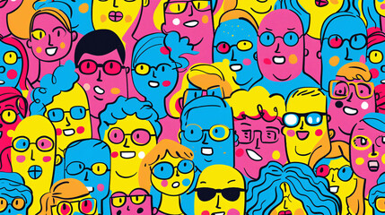 Obraz premium Colorful Crowd of Happy Faces: A Vibrant, Cartoony Illustration in Simple Line Art Style