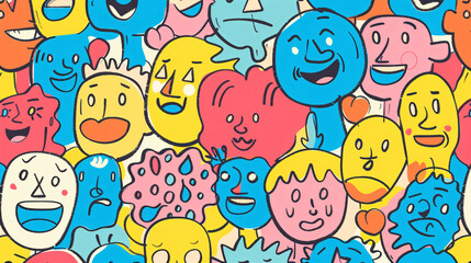 Fototapeta premium Vibrant Crowd: Colorful, Cartoon-style People in a High-Contrast Seamless Pattern