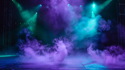 A stage covered in pale violet smoke under a sea green spotlight, offering a soft, magical atmosphere.