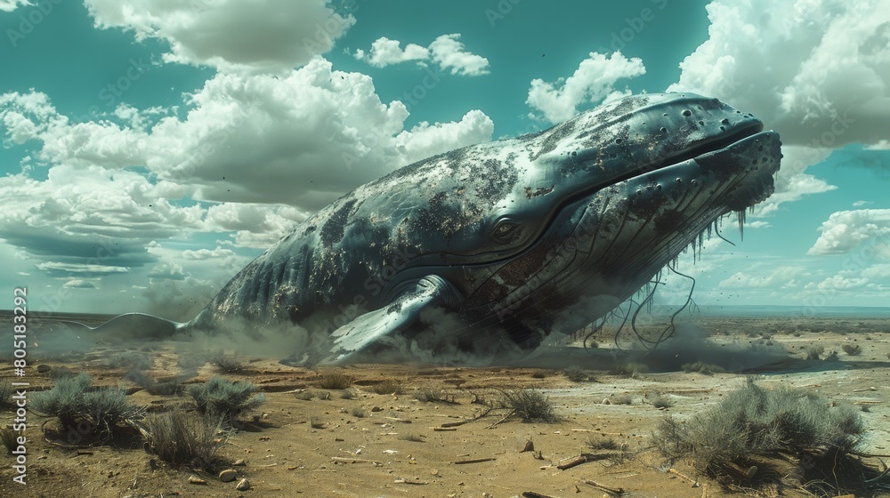 Poster a huge whale is crashing into the ground in a desert