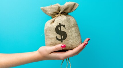 A hand holding a bag with a dollar sign on it