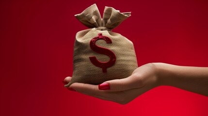 A hand holding a bag with a red background and a dollar sign on it