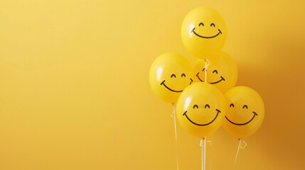 Cheerful Smiley Balloons: Vibrant Yellow, Minimal Design, Perfect for Advertising!
