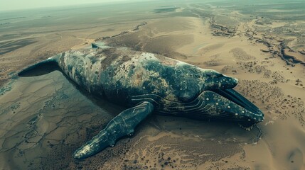 A whale is laying on the sand, its head sticking out of the water