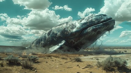A huge whale is crashing into the ground in a desert