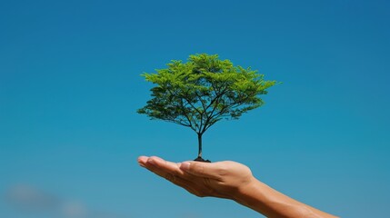 A hand holding a small tree in the sky