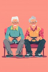 Old people play video games. Grandfather and grandmother with joysticks and gamepads at home. Arcades and games. Leisure and entertainment. Cartoon flat vector