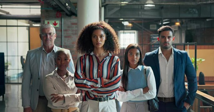 Portrait, team and leader with business people in office for solidarity, about us or collaboration. Face, group and manager with arms crossed, confidence and serious diverse agents in cooperation