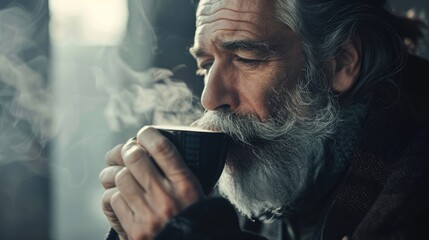 Older gentle man with grey hair and beard drinking a cup of steaming hot coffee in the morning alone - Powered by Adobe