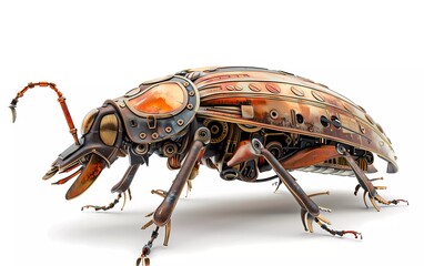 Render of a cockroach steampunk metal 3D illustration, on a white background 