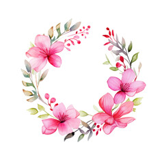 Watercolor Pink Floral Wreath on transparent Background