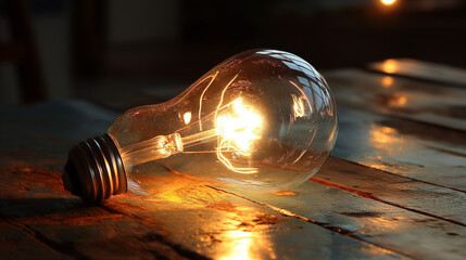 Rustic Light Bulb on Wooden Table at Golden Hour