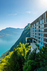 Hotel Five Stars over Lake Lucerne and Mountain in Sunny Day in Bürgenstock, Nidwalden, Switzerland.