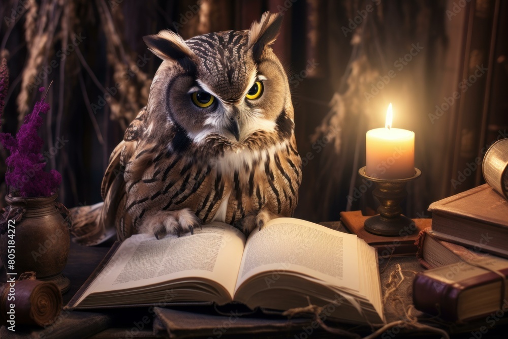 Poster Lovable Cute owl reading book sofa. Wise learn. Generate Ai
