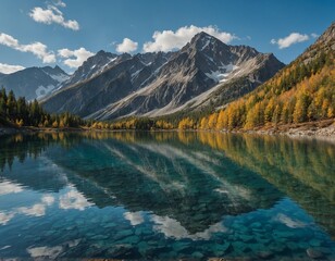 Marvel at the tranquility of a mountain lake landscape, with crystal-clear water reflecting the surrounding peaks.
