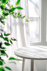  White round table in front of white curtains and green plants. A closeup of the tabletop,  bright light from the window and a blurred background.  minimalist style,  design, copy space for text