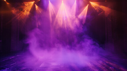 A stage shrouded in electric purple smoke under a golden amber spotlight, offering a mysterious, regal visual.