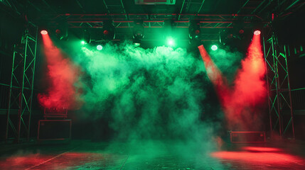A stage shrouded in electric green smoke under a ruby red spotlight, offering a bold, striking atmosphere.