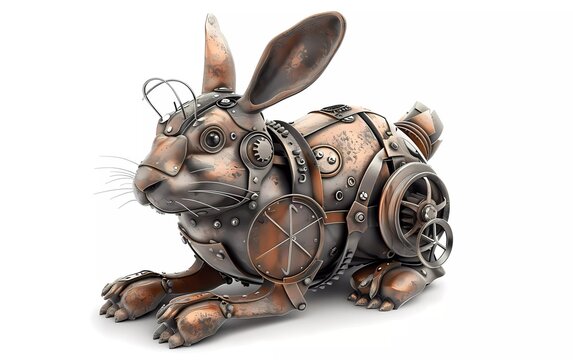 Render of a steampunk metal 3D illustration of a rabbit, on a white background