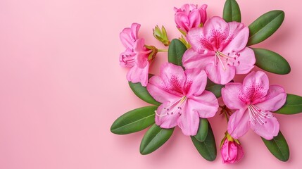   A flat lay of a pink bouquet with green leaves against a pink background, viewed from above on a pink surface