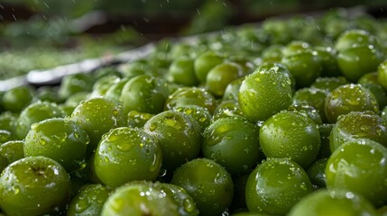   A display of verdant olives dotted with water beads in a grocery store's produce section during rainfall