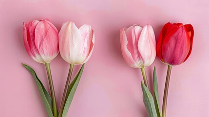   Three pink-and-white tulips against a pink backdrop; their stems, distinctively green, center the image