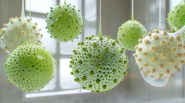   A tight shot of balls suspended from a line in a room, with a window visible behind