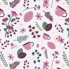 Seamless bright pattern with tea party utensils. multicolored mugs, cups, teapots and coffee cups on a white  background