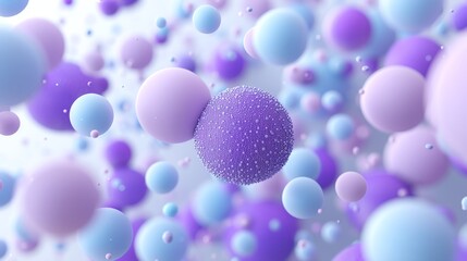   Multiple bubbles drift in an airy expanse against a backdrop of blue and purple A single purple ball sits centrally within the frame