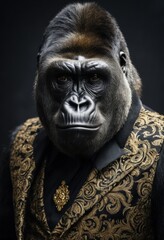portrait of a gorilla dressed in a party suit