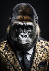 portrait of a gorilla dressed in a party suit