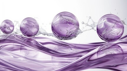   A cluster of water bubbles hover above a purplish wave against a light gray backdrop