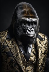 portrait of a gorilla dressed in a party suit