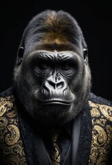 portrait of a gorilla dressed in a party suit