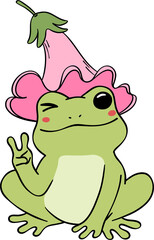 Retro frog with peace sign, frog with flower hat cartoon doodle