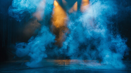 A stage with thick sky blue smoke under a rich amber spotlight, providing a serene, dreamy contrast.