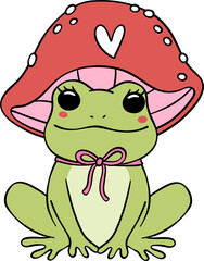 Retro frog with mushroom hat cartoon doodle