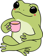 Retro Frog with coffee Self Love  Doodle Groovy Cartoon Character