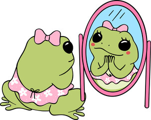Obraz premium Retro groovy frog in mirrow cartoon doodle self love