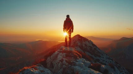 After conquering the challenging ascent, the hiker reaches the summit, greeted by a breathtaking sunrise painting the sky with vivid hues