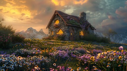 Obraz premium Amidst a sea of wildflowers, a charming cottage basks in the gentle light of dawn, its stone walls echoing the colors of the sunrise, its windows aglow with the promise of a new day,