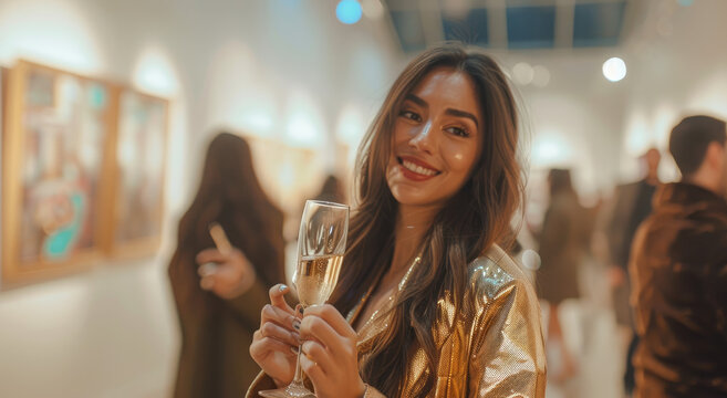 A beautiful woman smiling and holding a champagne glass at an art gallery opening, wearing a gold dress