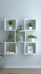 Contemporary Interior Design with Decorative Plants and Unique Art Pieces in White Cubes