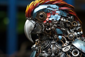 Fototapeta premium Sturdy Steelpunk metallic parrot. Art nature. Generate Ai