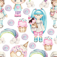 Watercolor cartoon cakes pattern.Dolls with sweets,cupcake,rainbow,candy.Kids pattern.Wallpaper,wrapping paper design for children