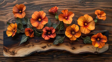   A painting of orange and red flowers atop green leaves on two separate pieces of wood