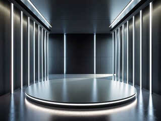 Naklejka premium Sleek futuristic design featuring a circular platform and vertical light columns in a dark room.