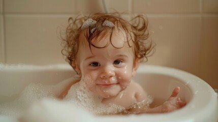baby with curly hair playing with foam