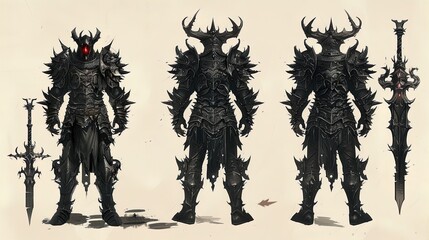 Step into the shadows with this trio of demonic knights, armored in black with fiery red accents, exuding an aura of invincible power.