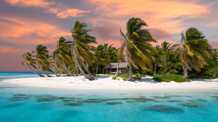 Obraz premium Tropical paradise island, turquoise waters white sandy beaches, and lush green palm trees, summer travel destination, luxurious beachside vacation